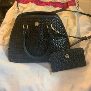 Tory Burch Robinson Woven Reva Dome Black Leather Satchel and matching wallet